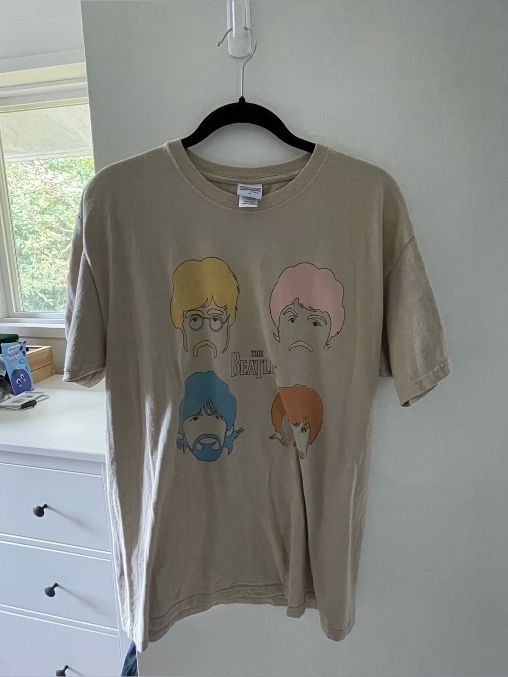 Junk Food Clothing Beige Band Graphic Tee with Yellow, Pink, Blue & Orange Faces
